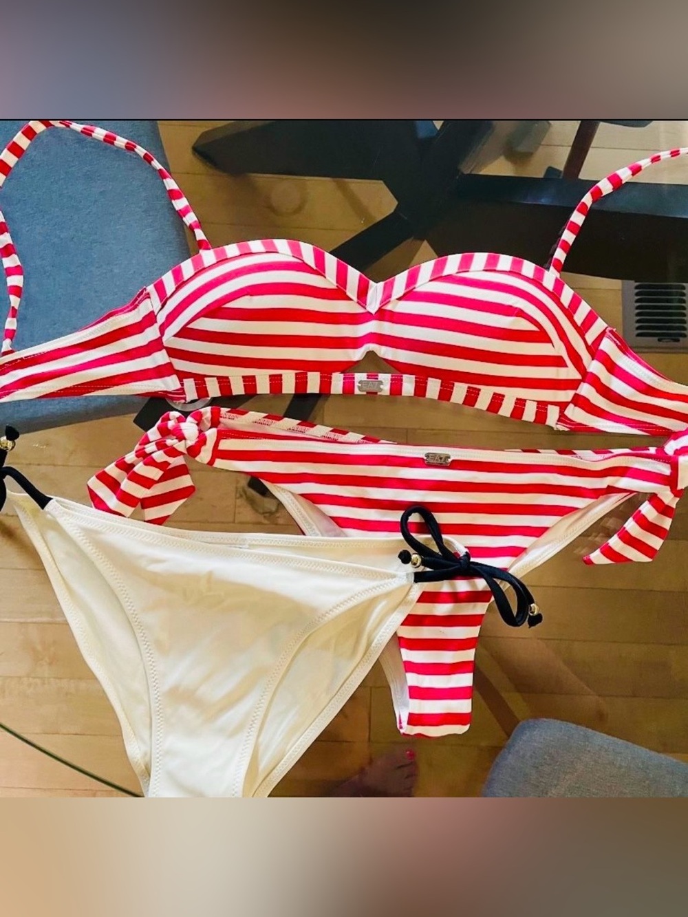 Emporio Armani Red and White Striped Bikini set + H&M cream bikini bottom